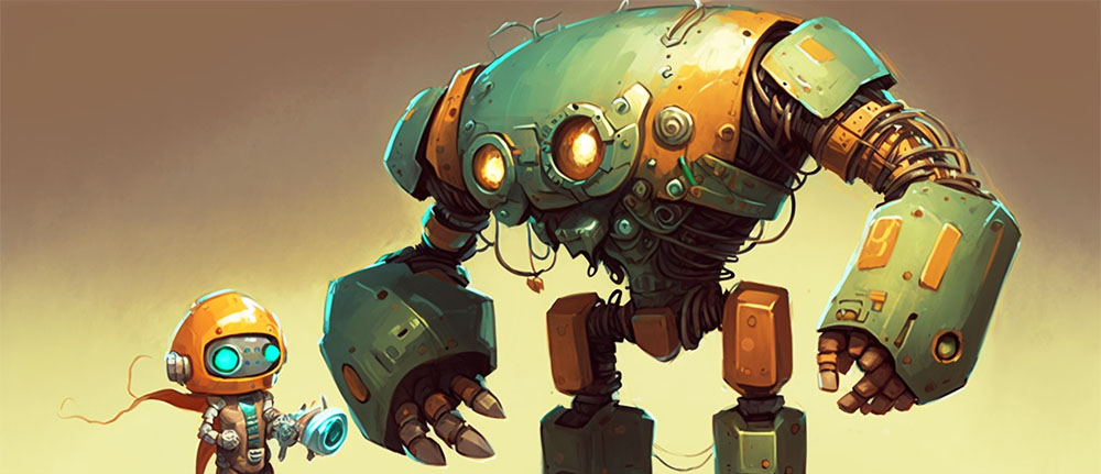 KI-Journey. Was ist KI? Ein kleiner und ein großer, bulliger Roboter. Sinnbild für schwache und starke KI.