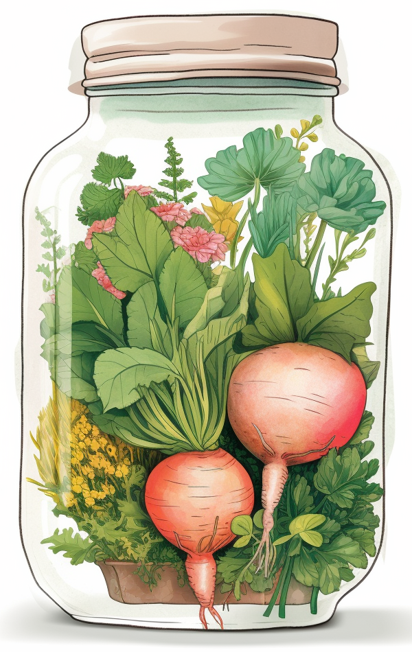 Illustration. Garten in Einmachglas. Mit Midjourney erstellt.